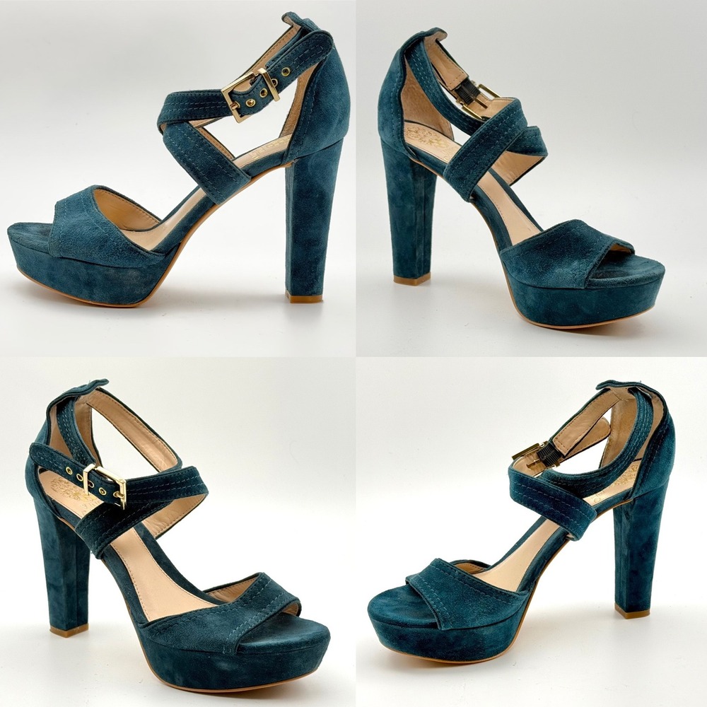 Vince Camuto Shayla Teal Blue Suede Platform Block Heel Sandals Womens 7.5 M - Picture 2 of 12
